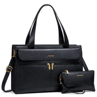HKM-6035411 vintage leather laptop tote bag in black with matching clutch and gold hardware