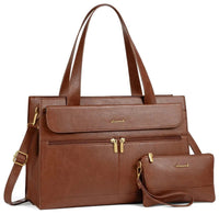 HKM-6035411 vintage leather laptop tote bag with eight organizer pockets and matching clutch