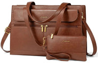 HKM-6035411 vintage leather laptop tote bag with eight organizer pockets and matching clutch