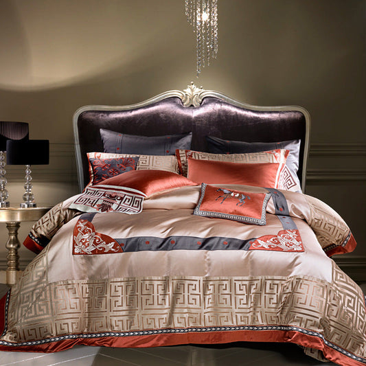 HKM-603603 Pure Cotton Chinese Style Brocade Embroidery Bedding Set - Available in Four-Piece, Six-Piece, Eight-Piece, and Ten-Piece Options
