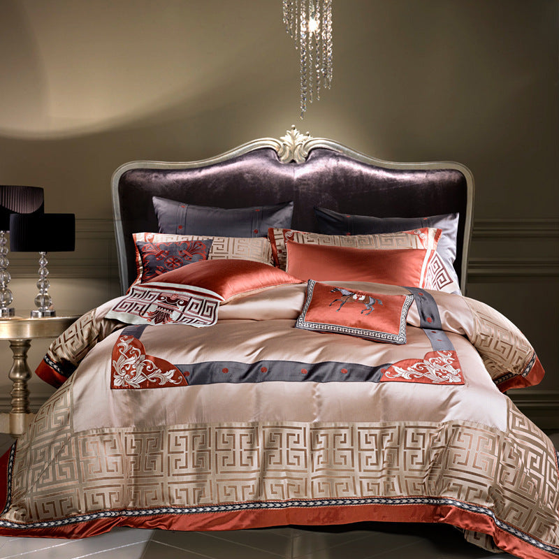HKM-603603 Pure Cotton Chinese Style Brocade Embroidery Bedding Set - Available in Four-Piece, Six-Piece, Eight-Piece, and Ten-Piece Options