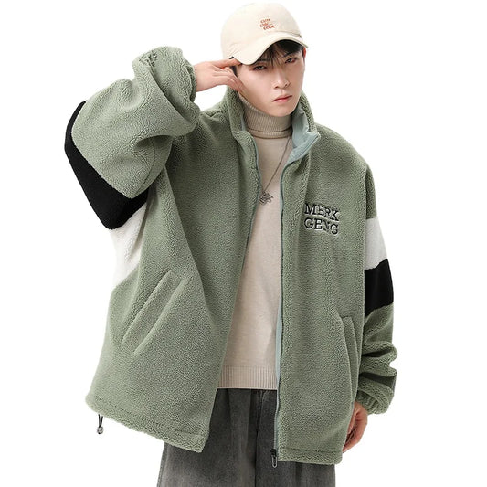 HKM-603667 Men's Large Size Warm Cotton Jacket With Winter Stand-Up Collar 550g Lamb Wool Contrasting Zipper Closure Clothing