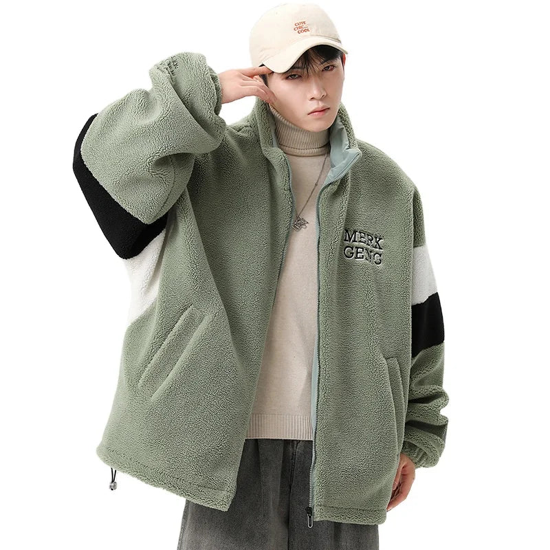 HKM-603667 Men's Large Size Warm Cotton Jacket With Winter Stand-Up Collar 550g Lamb Wool Contrasting Zipper Closure Clothing