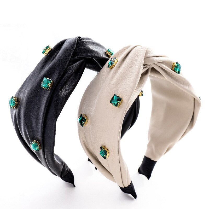 HKM-603859 Elegant Green Leather Cross Knot Headband with Big Stone - Women's Hair Accessory