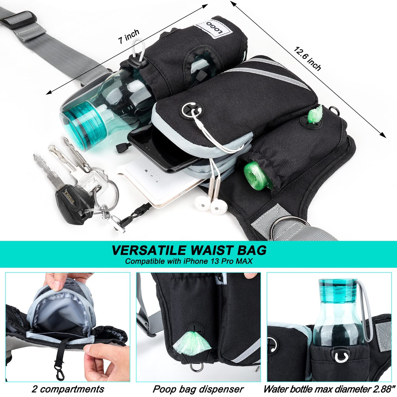 HKM-6039869 Waterproof Outdoor Pet Training Waist Bag with Adjustable Leash and Collar Set