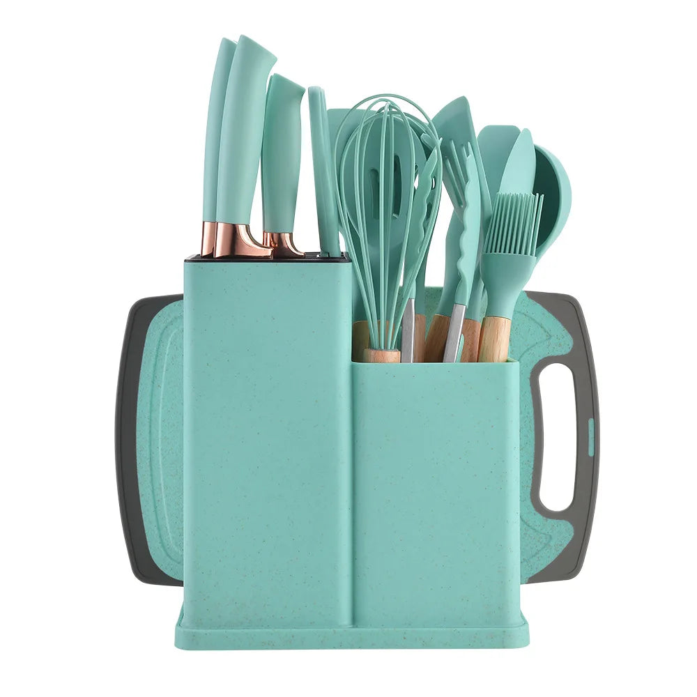 HKM-603987 19-Piece Silicone Kitchenware Set with Wooden Handle, Non-Stick Utensils and Cutting Board