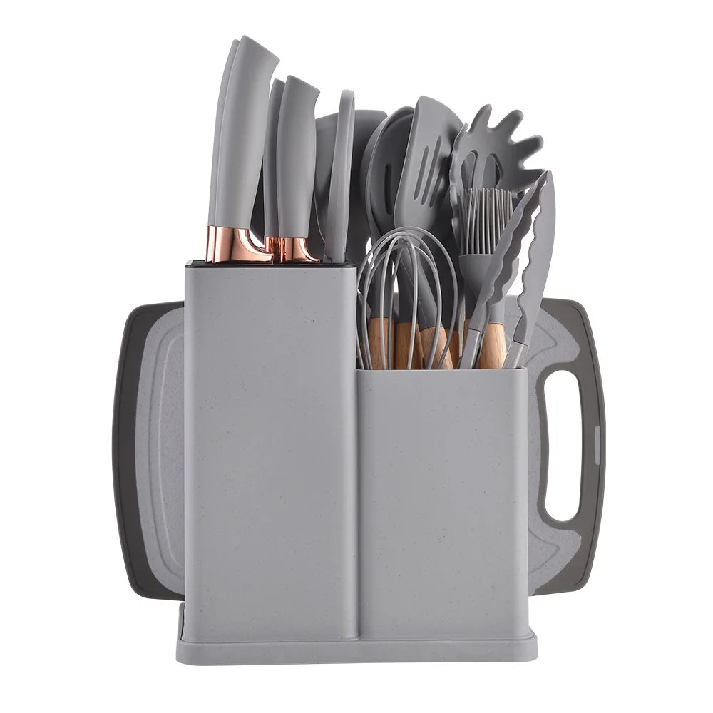 HKM-603987 19-Piece Silicone Kitchenware Set with Wooden Handle, Non-Stick Utensils and Cutting Board