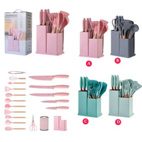 HKM-603987 19-Piece Silicone Kitchenware Set with Wooden Handle, Non-Stick Utensils and Cutting Board
