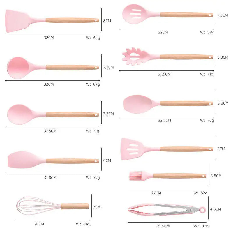 HKM-603987 19-Piece Silicone Kitchenware Set with Wooden Handle, Non-Stick Utensils and Cutting Board