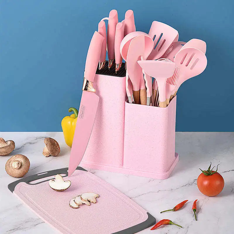 HKM-603987 19-Piece Silicone Kitchenware Set with Wooden Handle, Non-Stick Utensils and Cutting Board