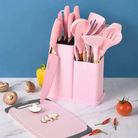 HKM-603987 19-Piece Silicone Kitchenware Set with Wooden Handle, Non-Stick Utensils and Cutting Board