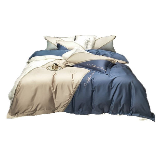 HKM-604115 Aegean Sea Colored Embroidered Geometric Quilt Cover with Contrast Stitching