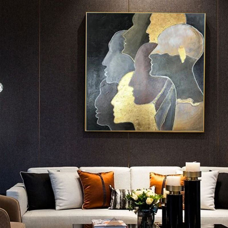 HKM-604371 Handmade Oil Painting on Canvas - Modern Abstract Golden Portrait Art for Living Room Décor, Unstretched and Frameless