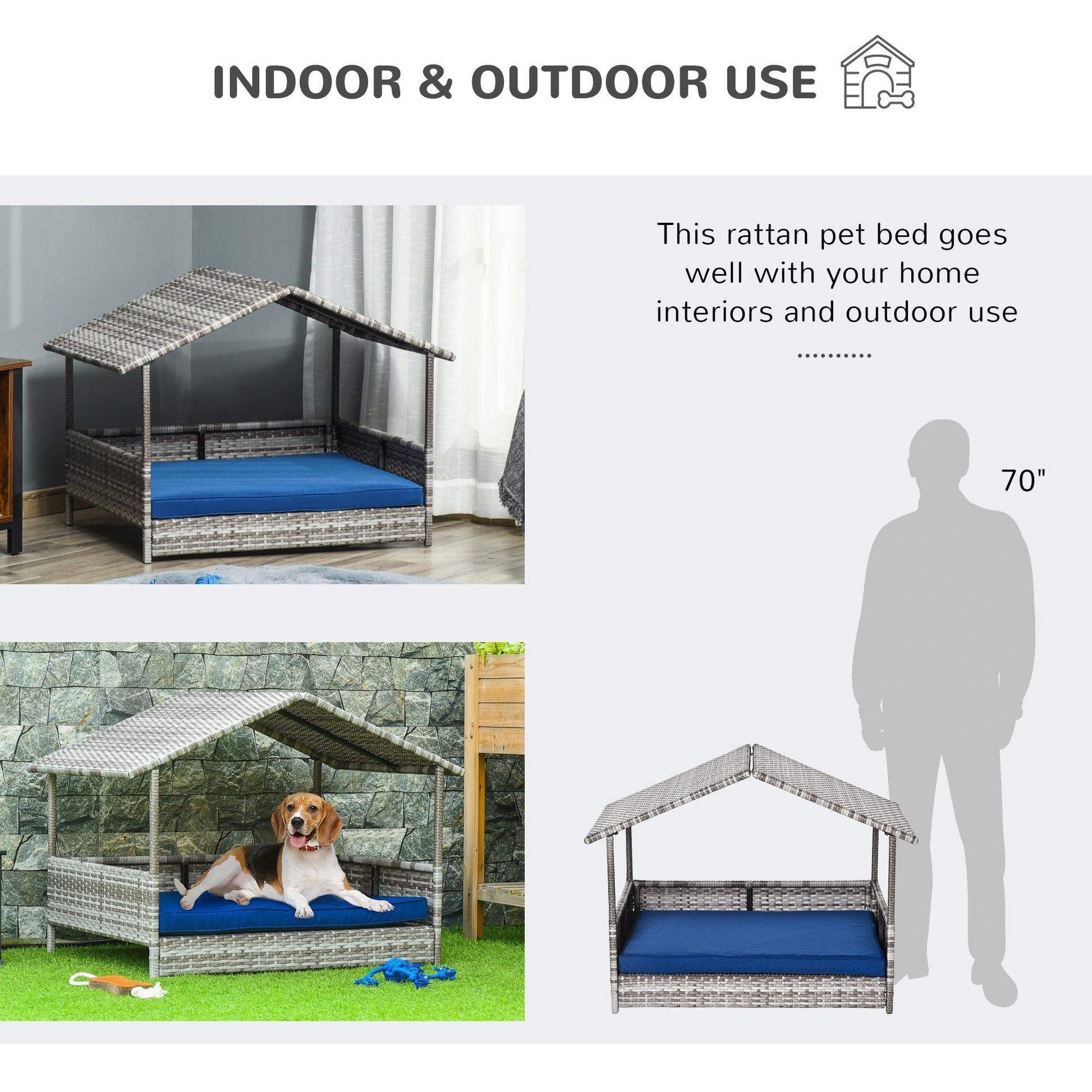 HKM-6044477 Indoor/Outdoor Rattan Pet House with Water-Resistant Cushions and Elevated Design, Dark Blue