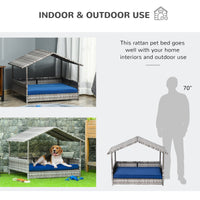 HKM-6044477 Indoor/Outdoor Rattan Pet House with Water-Resistant Cushions and Elevated Design, Dark Blue