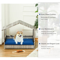 HKM-6044477 Indoor/Outdoor Rattan Pet House with Water-Resistant Cushions and Elevated Design, Dark Blue