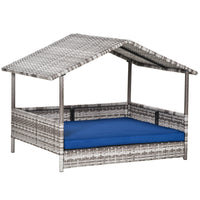 HKM-6044477 Indoor/Outdoor Rattan Pet House with Water-Resistant Cushions and Elevated Design, Dark Blue