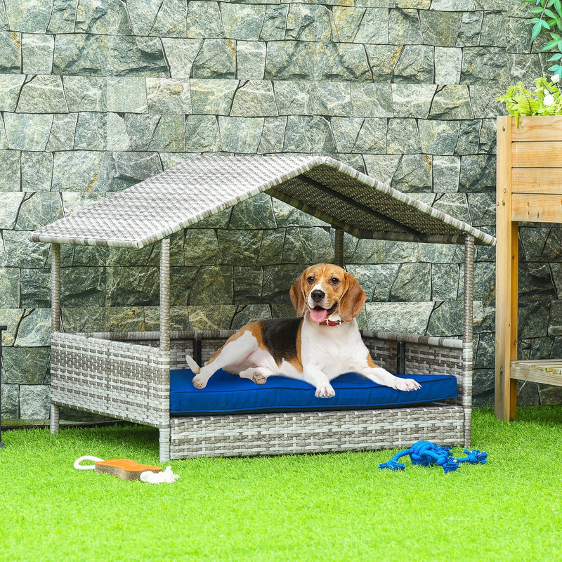 HKM-6044477 Indoor/Outdoor Rattan Pet House with Water-Resistant Cushions and Elevated Design, Dark Blue