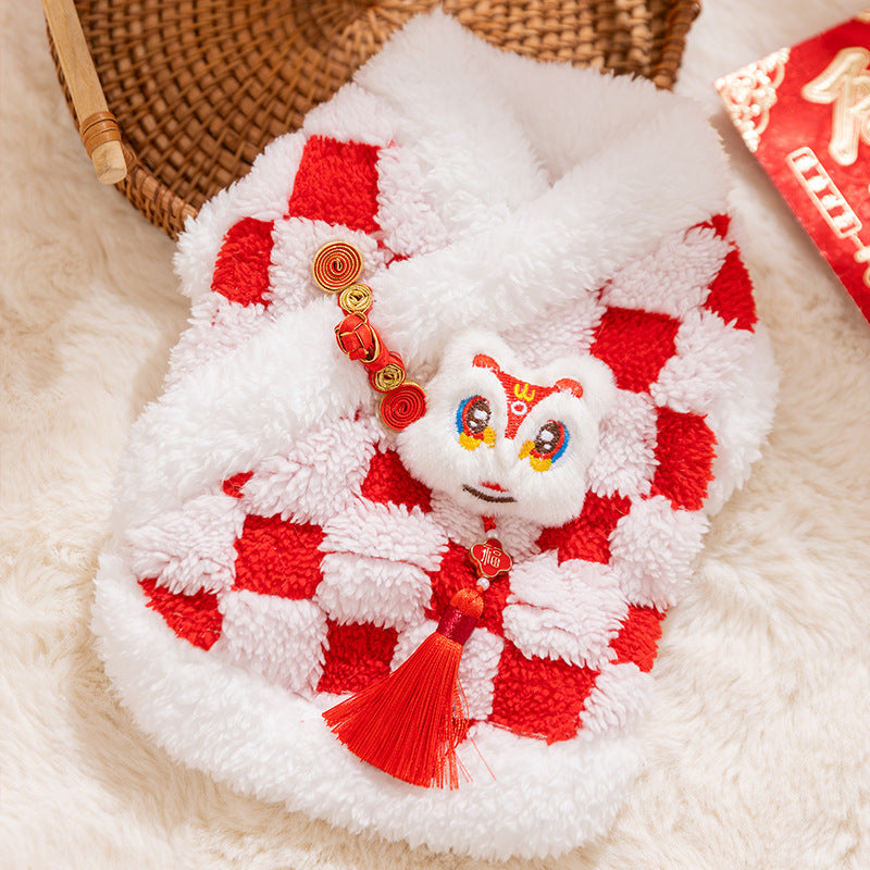 HKM-6050365 Lunar New Year Plush Dog Coat with Lion Dance Embroidery and Festive Design