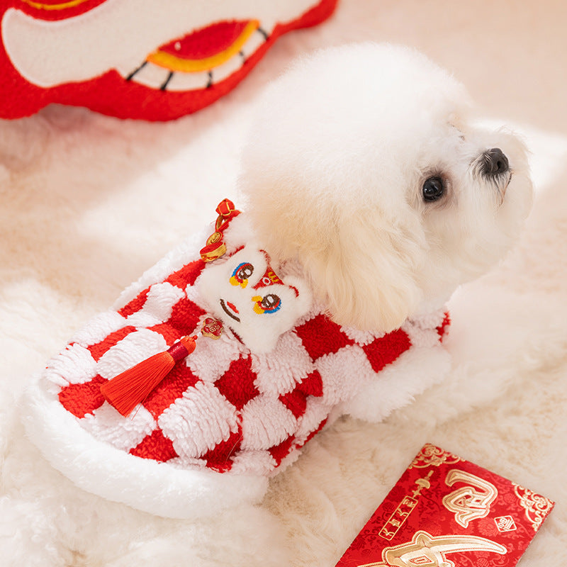 HKM-6050365 Lunar New Year Plush Dog Coat with Lion Dance Embroidery and Festive Design