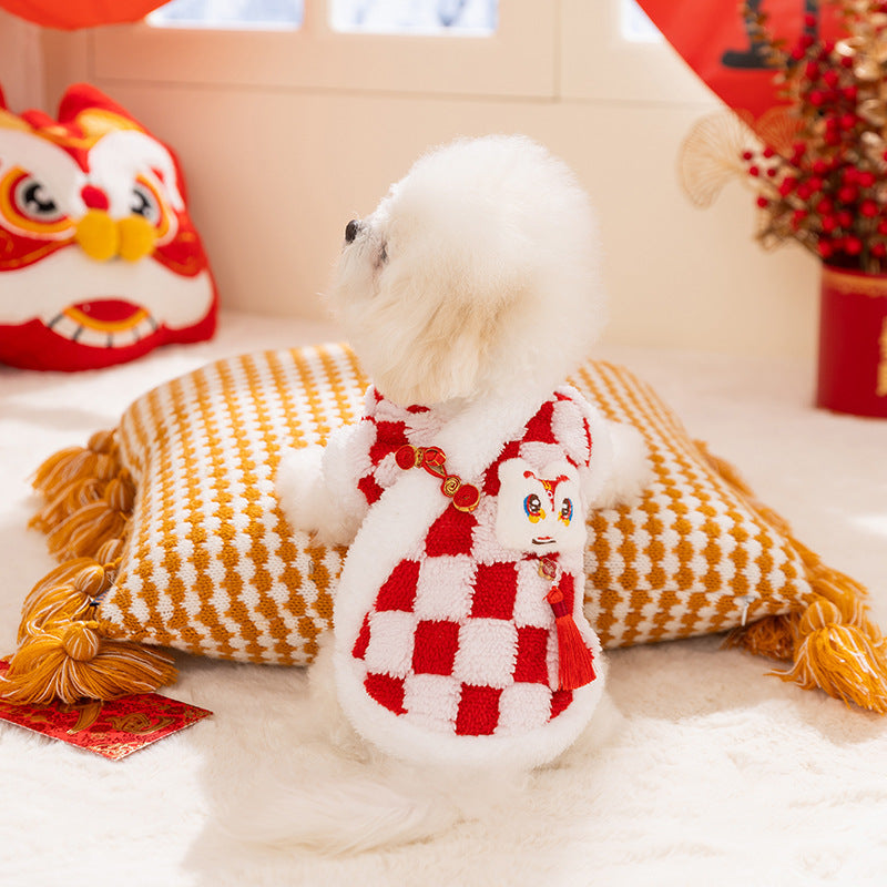 HKM-6050365 Lunar New Year Plush Dog Coat with Lion Dance Embroidery and Festive Design