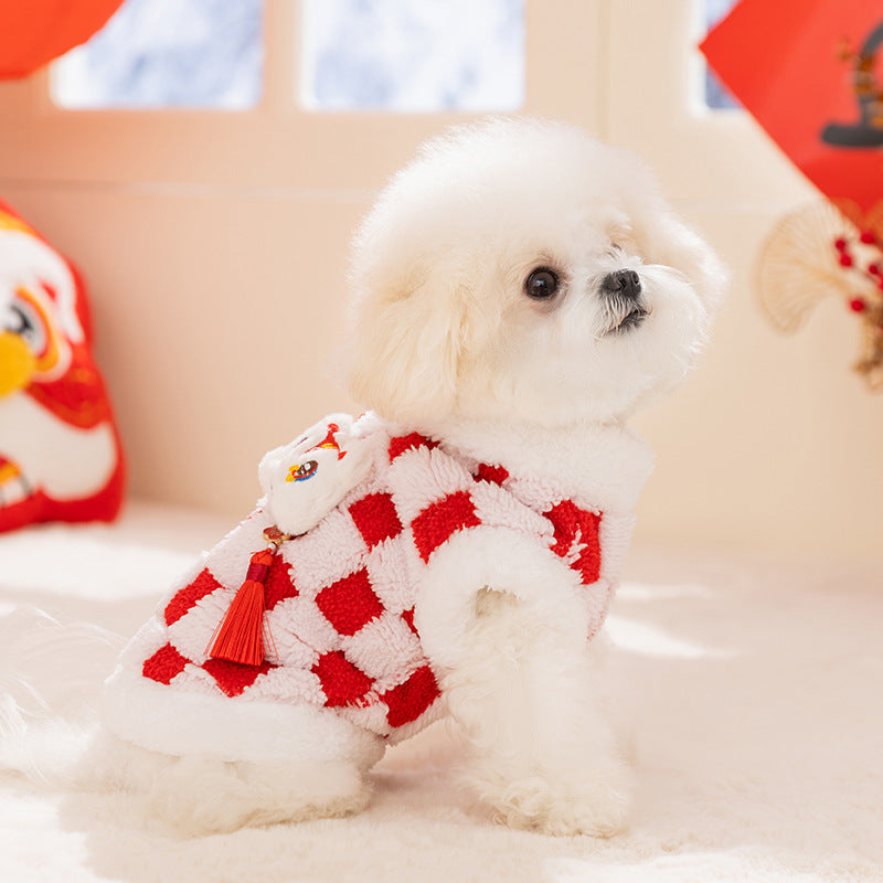HKM-6050365 Lunar New Year Plush Dog Coat with Lion Dance Embroidery and Festive Design