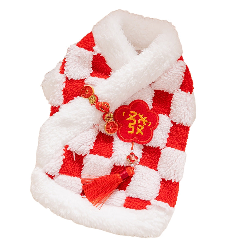 HKM-6050365 Lunar New Year Plush Dog Coat with Lion Dance Embroidery and Festive Design