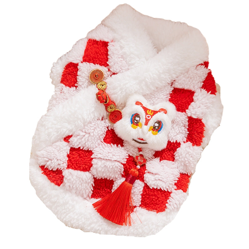 HKM-6050365 Lunar New Year Plush Dog Coat with Lion Dance Embroidery and Festive Design