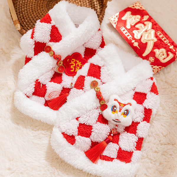 HKM-6050365 Lunar New Year Plush Dog Coat with Lion Dance Embroidery and Festive Design
