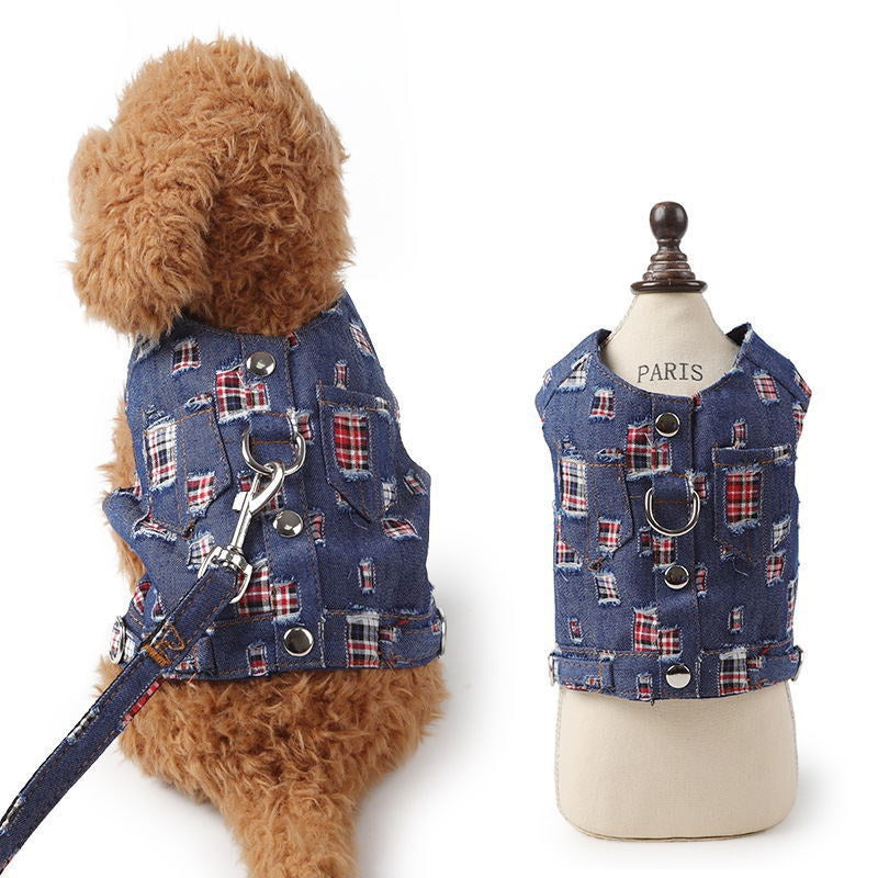 HKM-6050877 Light Blue and Dark Blue Pet Denim Vest with Lattice Hole Design