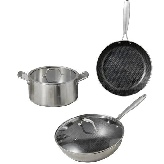 HKM-605139 Stainless Steel Kitchenware Set with 28cm Frypan, 24cm Fry Pan, 30cm Soup Pot, and Wok