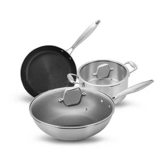 HKM-605139 Stainless Steel Kitchenware Set with 28cm Frypan, 24cm Fry Pan, 30cm Soup Pot, and Wok