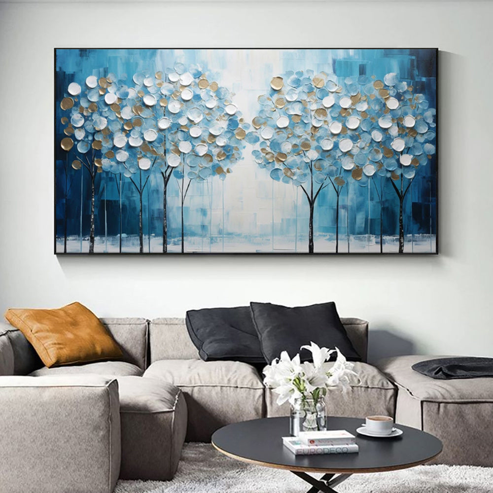 HKM-605523 Large Abstract Blue Tree of Life Hand-Painted Oil Canvas Art for Modern Home Decor