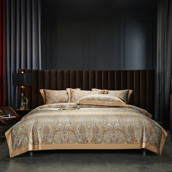 HKM-605587 Cotton Satin Digital Printed Four-Piece Bedding Set in Nordic Style, Includes Bed Sheet, Duvet Cover, and Pillowcases