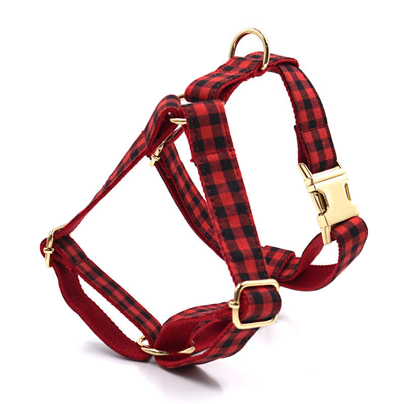 HKM-605779 Red and Black Plaid Dog Harness with Gold Buckle for Secure Comfort