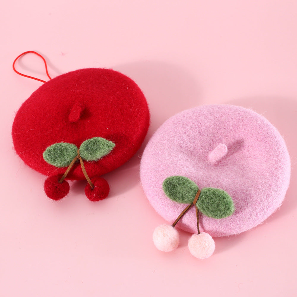 HKM-6059581 Wool Hat for Cats in Red Cherry or Pink Cherry - Winter Wear