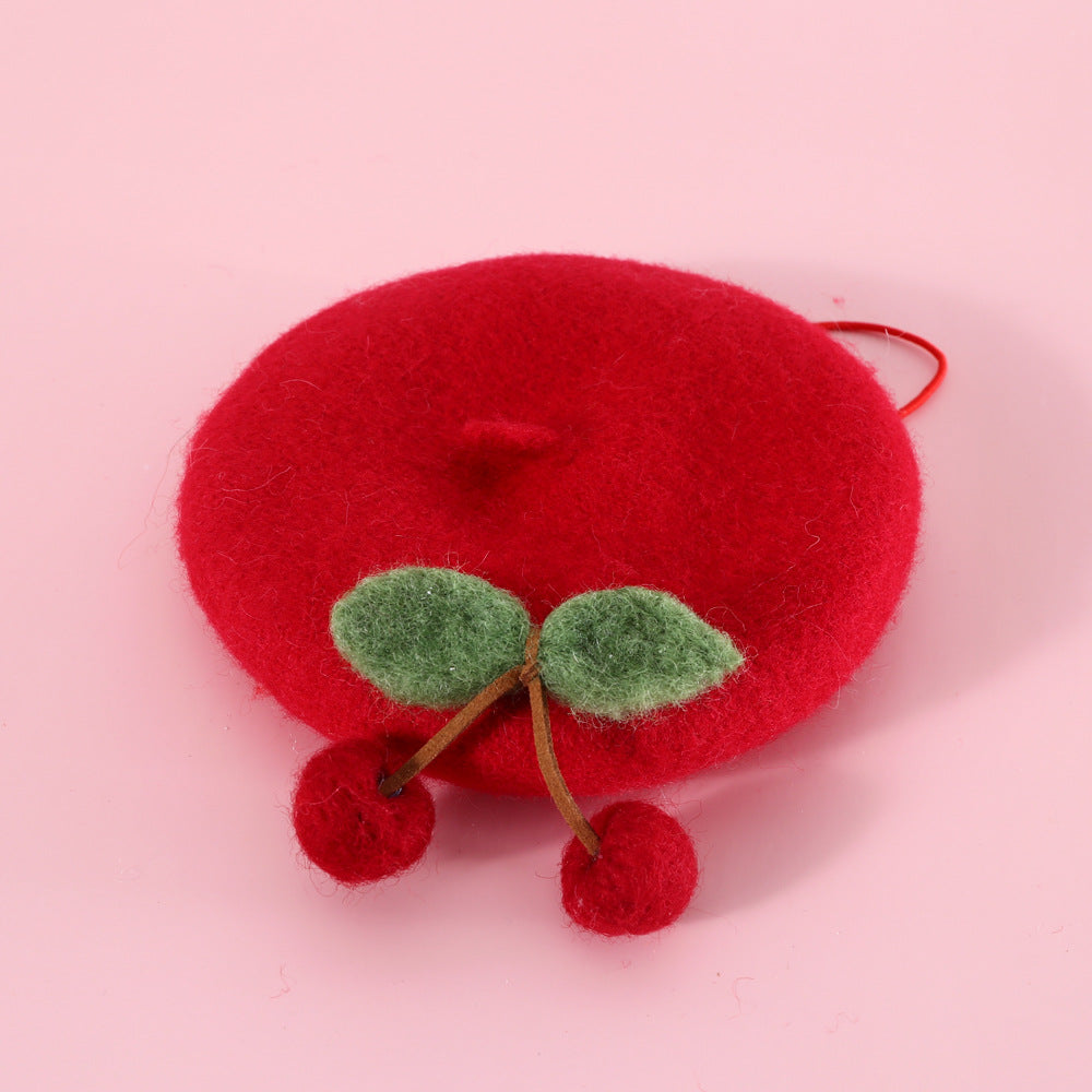 HKM-6059581 Wool Hat for Cats in Red Cherry or Pink Cherry - Winter Wear
