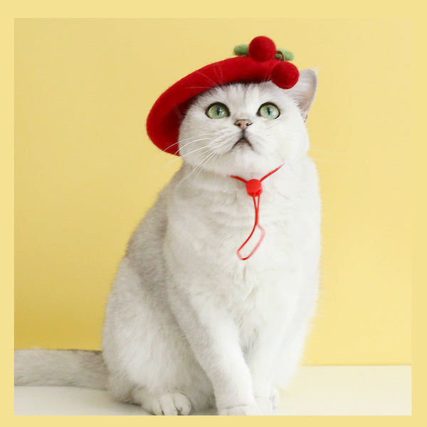 HKM-6059581 Wool Hat for Cats in Red Cherry or Pink Cherry - Winter Wear