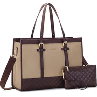HKM-605971 Functional Canvas Leather Briefcase Tote Bag for 15.6-inch Laptops - Ideal for Work, Travel, and College