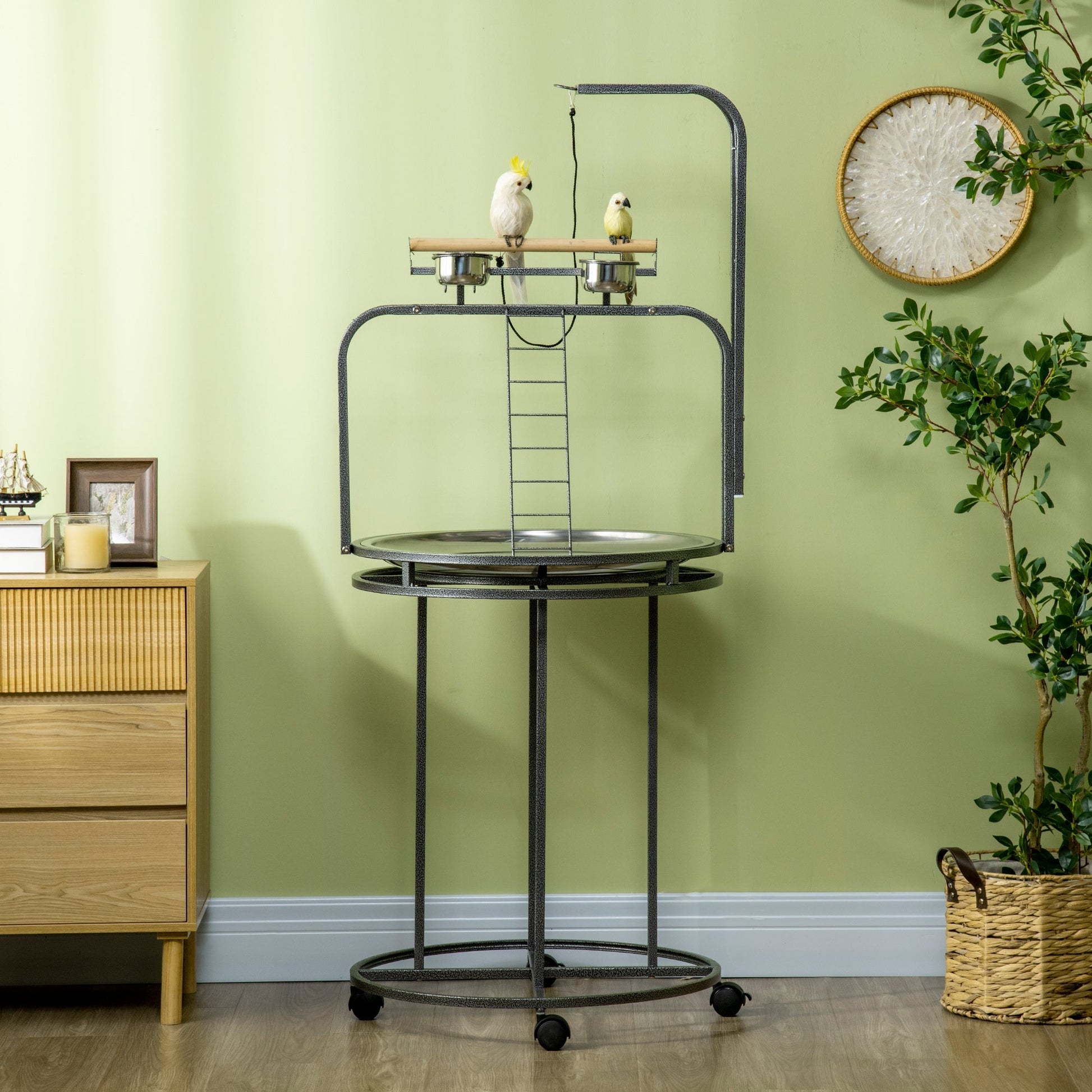 HKM-6064957 Large Bird Perch Stand with Toy Hook & 3 Ladders, Comfortable Wooden Perch for Parrots, Gray