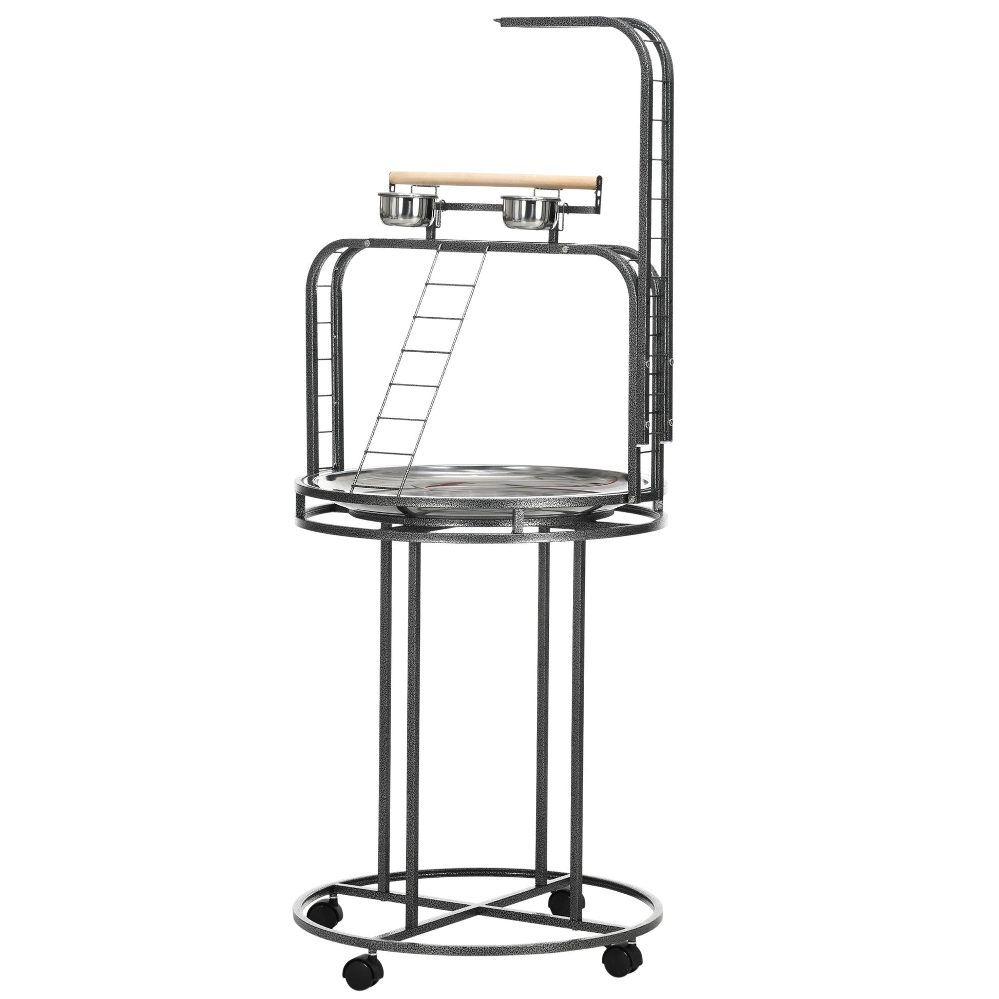 HKM-6064957 Large Bird Perch Stand with Toy Hook & 3 Ladders, Comfortable Wooden Perch for Parrots, Gray