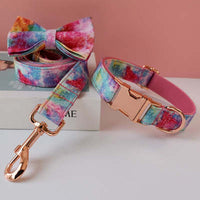 HKM-6065085 Blue and Rose Gold Buckle Dog Collar with Leash and Bow Set - Cotton Material, Sizes S to XL