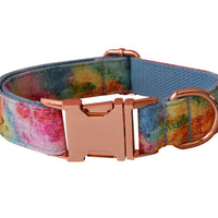 HKM-6065085 Blue and Rose Gold Buckle Dog Collar with Leash and Bow Set - Cotton Material, Sizes S to XL