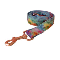HKM-6065085 Blue and Rose Gold Buckle Dog Collar with Leash and Bow Set - Cotton Material, Sizes S to XL