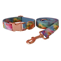 HKM-6065085 Blue and Rose Gold Buckle Dog Collar with Leash and Bow Set - Cotton Material, Sizes S to XL