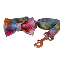 HKM-6065085 Blue and Rose Gold Buckle Dog Collar with Leash and Bow Set - Cotton Material, Sizes S to XL