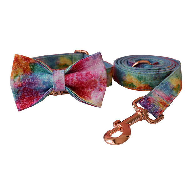 HKM-6065085 Blue and Rose Gold Buckle Dog Collar with Leash and Bow Set - Cotton Material, Sizes S to XL