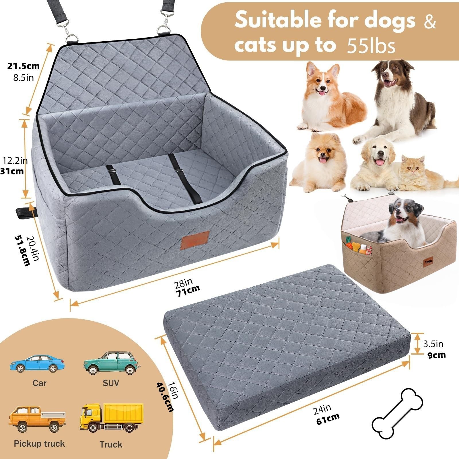 HKM-6067133 Breathable Pet Car Nest for Dogs ¨C Gray and Beige, 70x50x30cm
