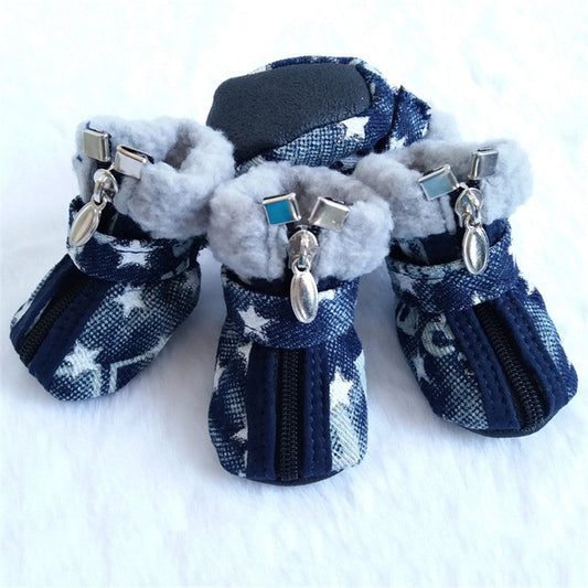 HKM-607059 Teddy VIP Denim Dog Shoes - Stylish Anti-Slip Footwear with White and Pink Star Design