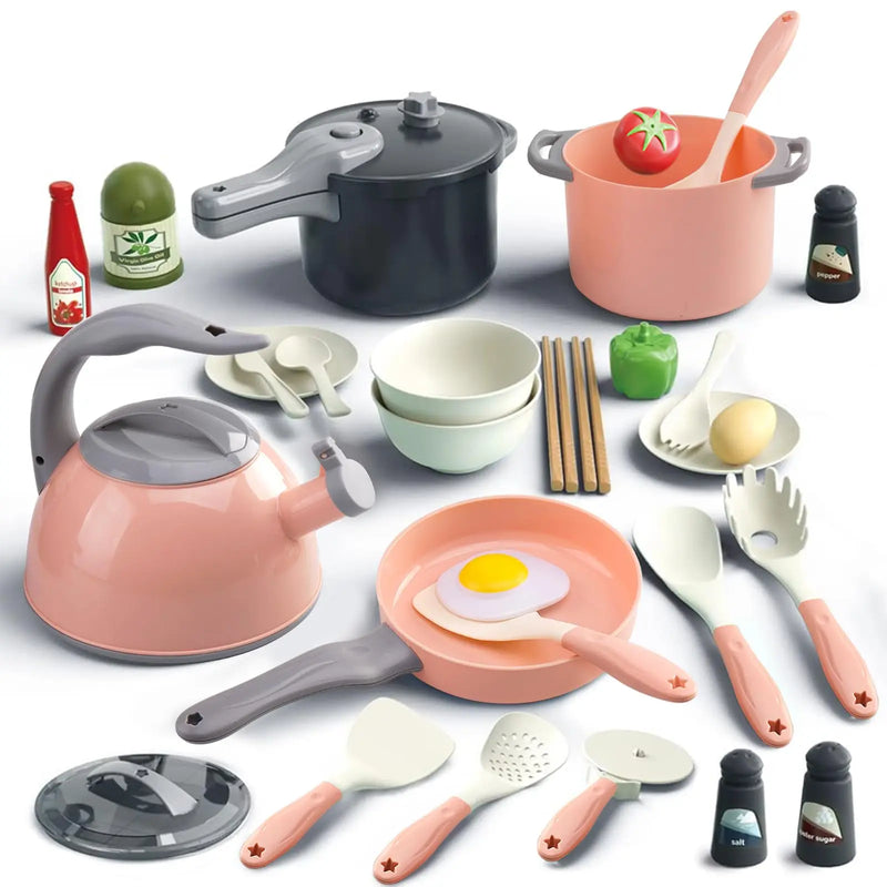 HKM-607251 Mini Luxury Pink Kitchen Playset - 32Pcs Kids Pretend Food Toys for Ages 5 and Up